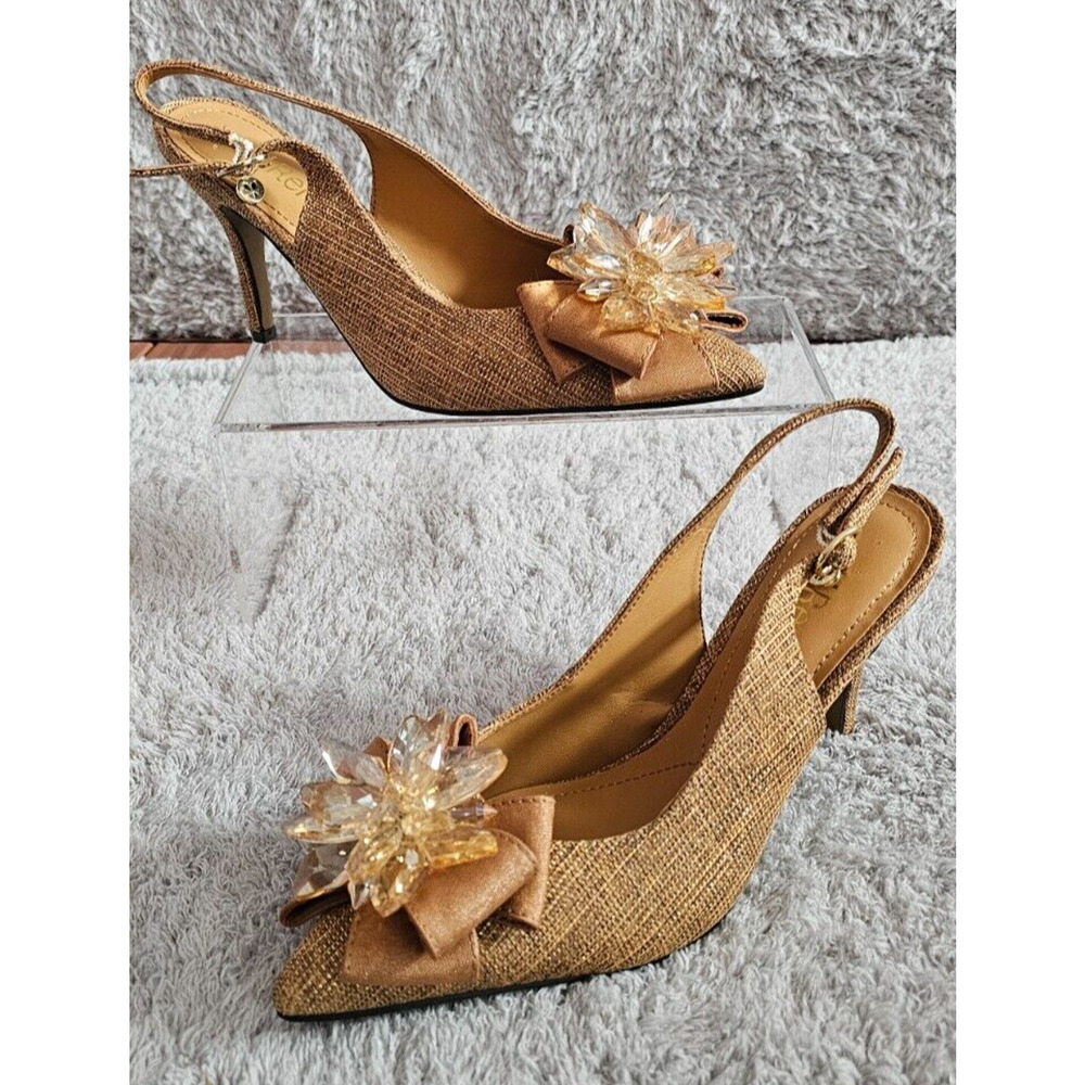 J Renee Metallic Gold Crystal Flower & Bow Peep Toe Slingback Heels Pumps Sz 6M